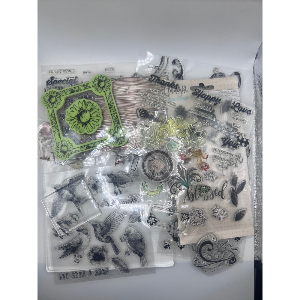 Mixed Lot Of Clear Rubber‎ Acrylic Stamps W Stamping Blocks Flowers Card Making